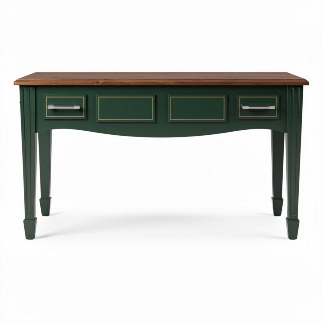 Bureau van groen geschilderd hout met houten blad en twee lades 150 x 60 x 75cm