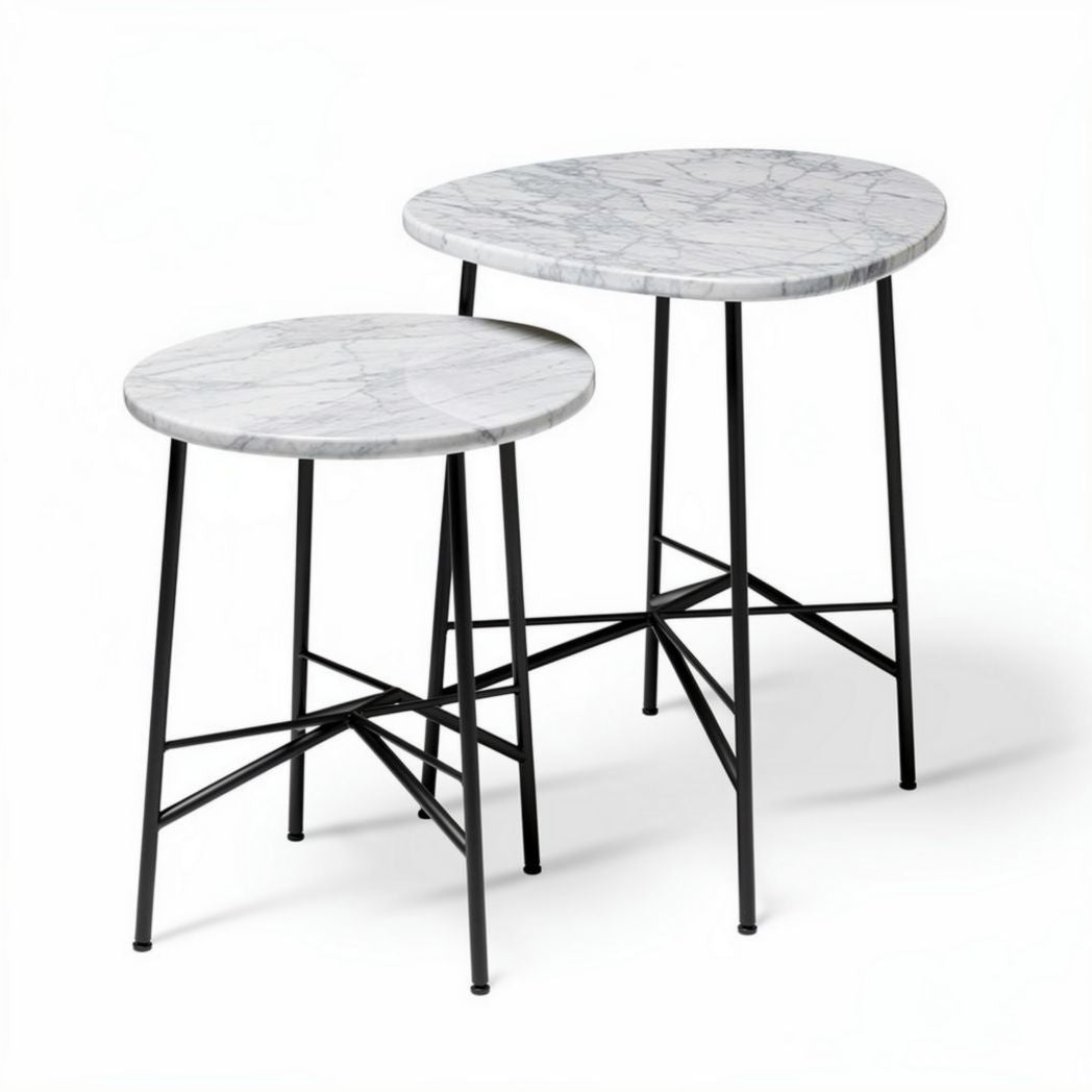 Bijzettafels van marmer met zwarte metalen poten set van twee 50 x 40 x 45cm