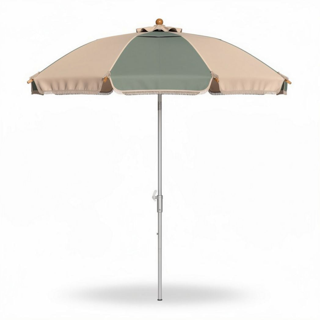 Parasoldoek in beige en groen met metalen steel van 150 x 150 x 250cm