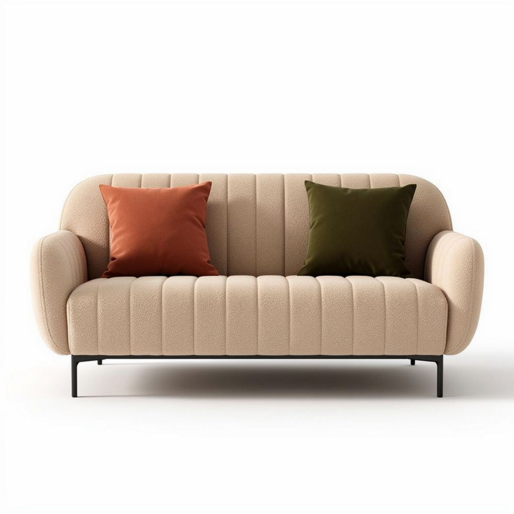 Beige bank met ribbelstof en kussens in groen en oranje 180 x 80 x 75cm