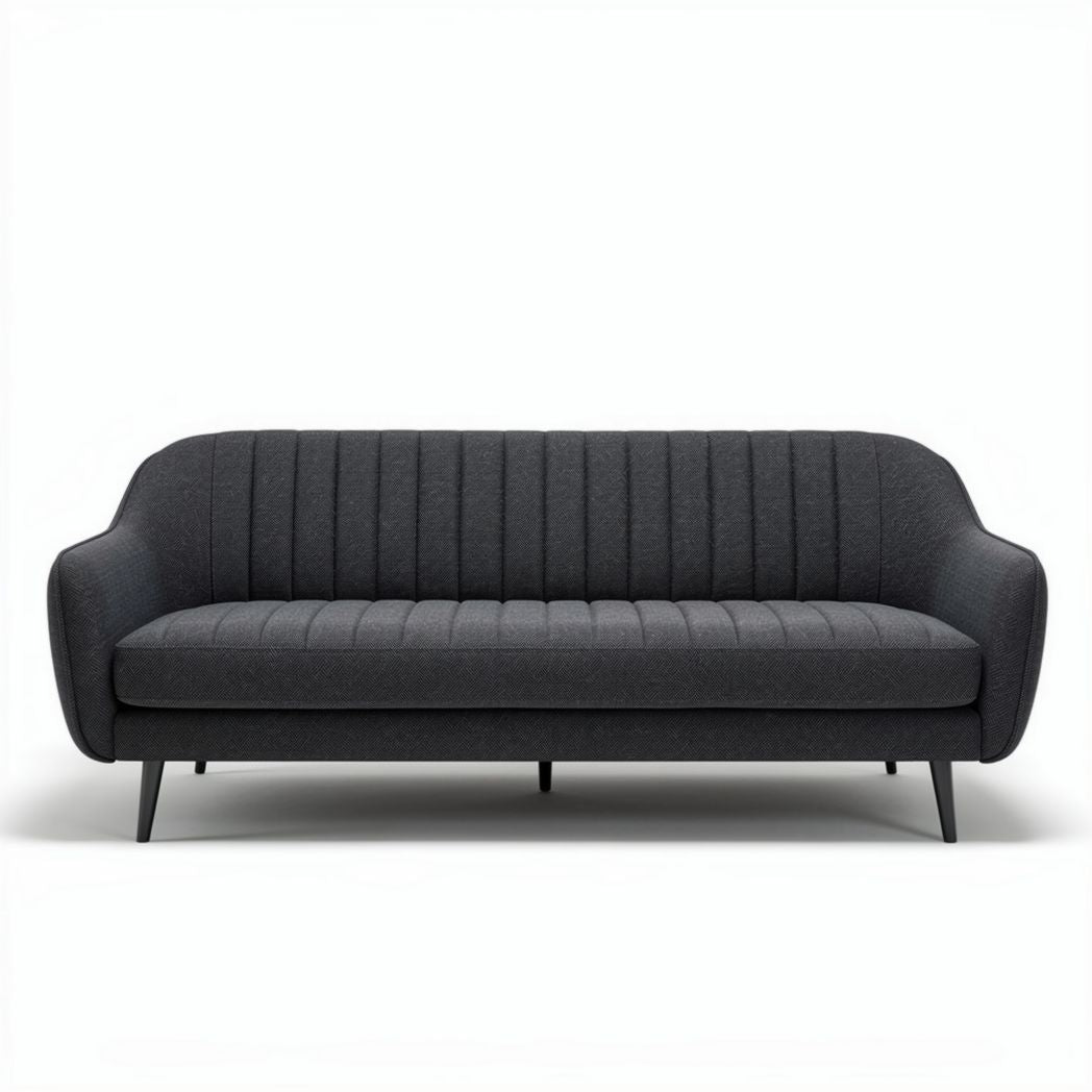 Grijze stof bank met gelijnd ontwerp en zwart metalen poten 200 x 90 x 85cm