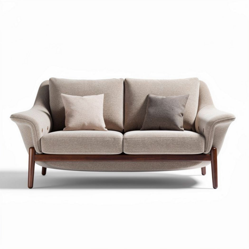 Twee-zitbank van stof met houten poten in neutrale kleur 200 x 90 x 85cm